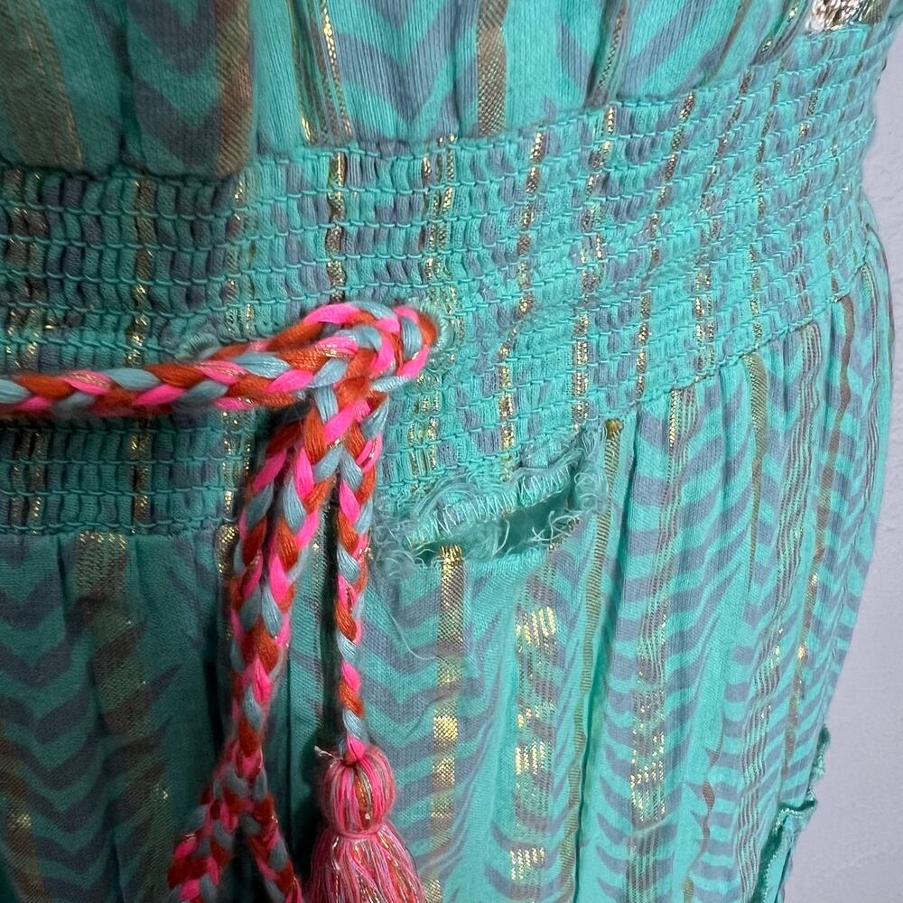 Venus Strapless Dress M/L Womens Bohemian Maxi Metallic Gold Teal Tassel Hippie - Picture 7 of 12